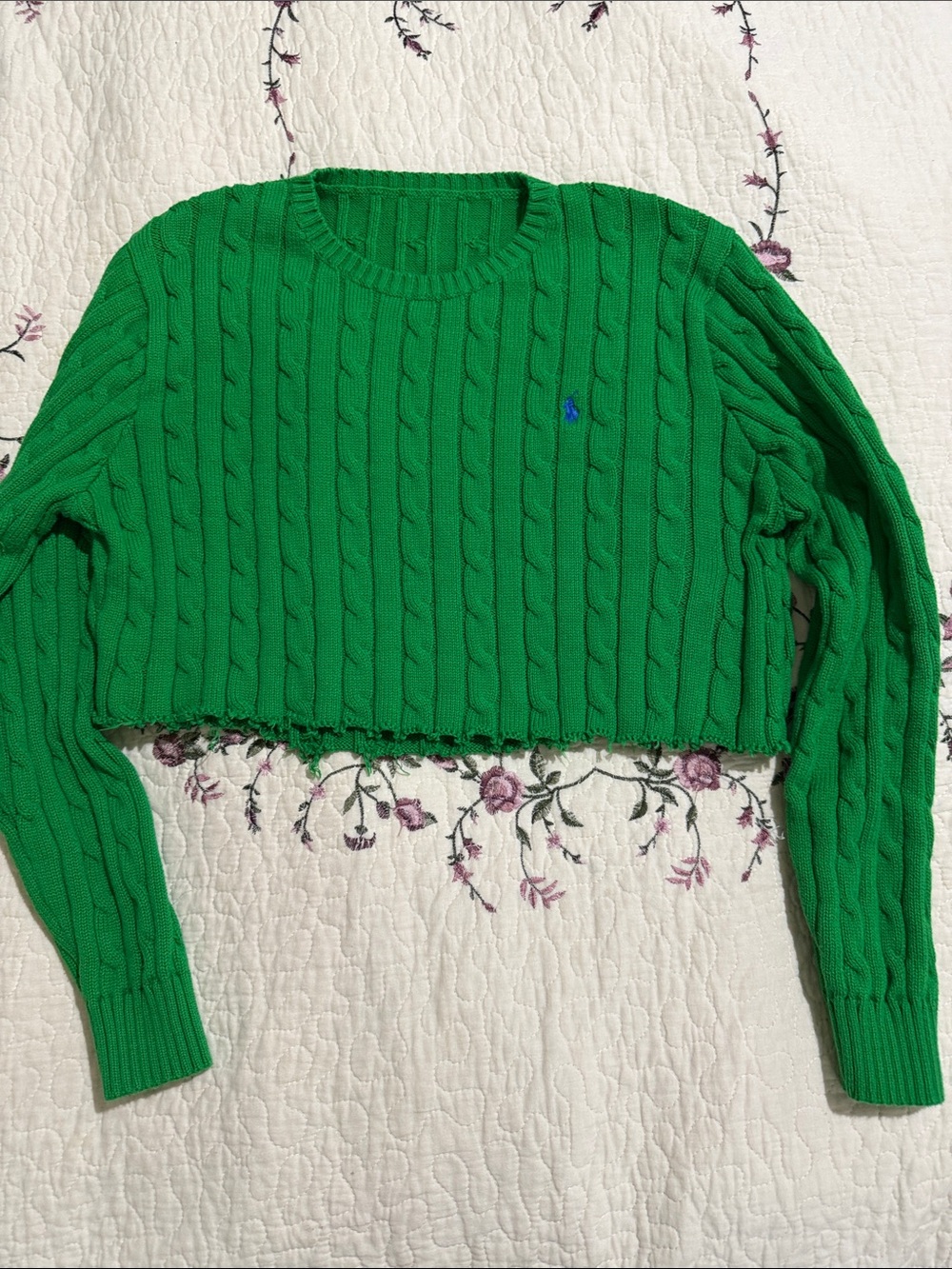 Ralph Lauren Cable-Knit cotton crew neck cropped Sweater preppy Green blue pony